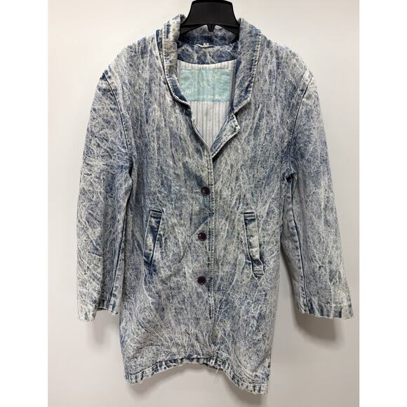 Vtg Out Of The Blue Retro 80s 90s Acid Stone Wash Denim Duster Trench Coat M - Picture 1 of 7